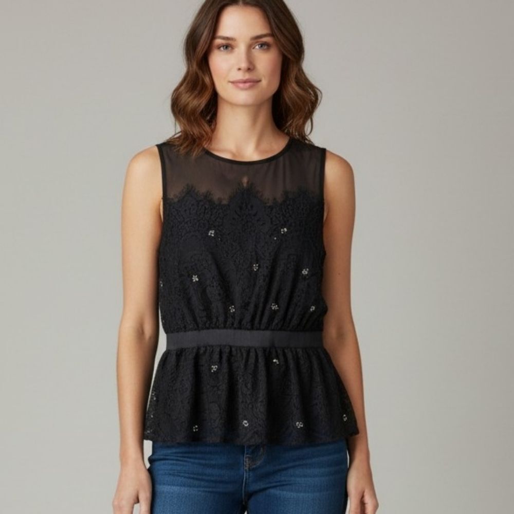 Anthropologie Meadow Rue Black Lace Sequined Sheer Collar Sleeveless Peplum Top
